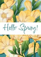Greeting card template with spring flowers. Banner, poster with daffodils. Easter illustration of delicate flowers in cartoon style for card, invitation, background, etc. vector