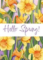 Greeting card template with spring flowers. Banner, poster with daffodils. Easter illustration of delicate flowers in cartoon style for card, invitation, background, etc. vector