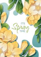 Greeting card template with spring flowers. Banner, poster with daffodils. Easter illustration of delicate flowers in cartoon style for card, invitation, background, etc. vector