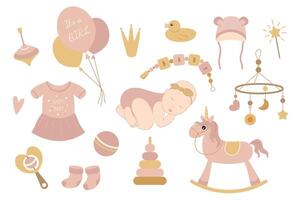 Cute little girl baby set. Collection of elements on white background for design of cards, posters, stickers, stickers. vector