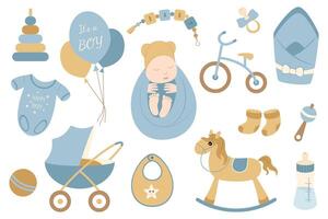 Cute little boy baby set. Collection of elements on white background for design of cards, posters, stickers, stickers. vector