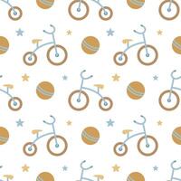 A simple seamless pattern in a flat style. Children's tricycle. For decorating children's room, textiles, wrapping paper, wallpaper. vector