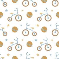 A simple seamless pattern in a flat style. Children's tricycle. For decorating children's room, textiles, wrapping paper, wallpaper. vector