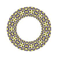A circle with a pattern of yellow and blue ornament. The circle is white and the flowers are in different sizes and shapes vector