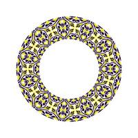 A circle with a pattern of yellow and blue ornament. The circle is white and the flowers are in different sizes and shapes vector