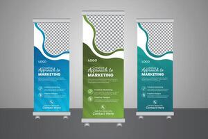 For your company, sophisticated roll-up banner template featuring three vivid colors vector