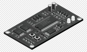 Isometric electronic board. Isometric printed circuit board with electronic components. Electronic components and integrated circuit board vector
