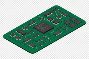 Isometric electronic board. Isometric printed circuit board with electronic components. Electronic components and integrated circuit board vector