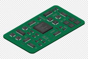 Isometric electronic board. Isometric printed circuit board with electronic components. Electronic components and integrated circuit board vector