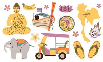 Travel to Thailand sticker set. Doodle elements Elephant, map of Thailand, thai food, Buddha head, lotus, thai fruits. vector