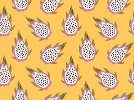Seamless pattern of dragon fruits, pitaya on orange background. Exotic tropical pitayas. Great for prints, cards. vector