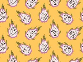 Seamless pattern of dragon fruits, pitaya on orange background. Exotic tropical pitayas. Great for prints, cards. vector
