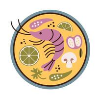 Tom yam soup Thai food with shrimps illustration. vector