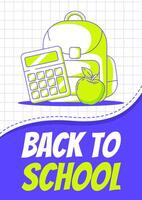 School backpack, calculator and apple. Back to school, education, learning concept. Minimalist poster, a4 format. For banner, cover, web. Checkered background vector