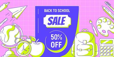 Back to school sale retro banner with discount and school supplies. Education, learning, selling concept. Poster for web, social media, advertising, business. Checkered background vector