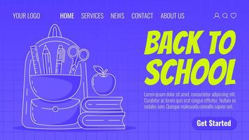 Backpack with school supplies, stack of books and apple. Back to school, education, learning concept. Template for web, banner, poster, landing page, website vector