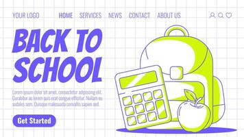 School backpack, calculator and apple. Back to school, education, learning concept. Modern template for web, banner, poster, landing page, website. Checkered background vector
