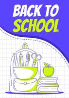 Backpack with school supplies, stack of books and apple. Back to school, education, learning concept. Minimalist poster, a4 format. For banner, cover, web. Checkered background vector