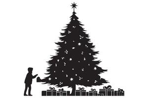 conjunto de silueta de un hombre debajo el Navidad árbol y regalo caja vector