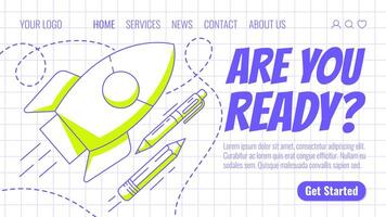 Rocket launch, school supplies, pen and pencil. Back to school, education, learning concept. Modern template for web, banner, poster, landing page, website. Checkered background vector