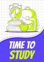 School supplies, backpack, stack of books, apple and alarm clock. Back to school, education, learning concept. Minimalist poster, a4. For banner, cover, web. Checkered background vector