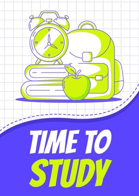 School supplies, backpack, stack of books, apple and alarm clock. Back to school, education, learning concept. Minimalist poster, a4. For banner, cover, web. Checkered background
