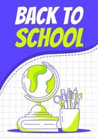 Globe, school supplies and book. Back to school, education, learning concept. Minimalist poster, a4 format. For banner, cover, web. Checkered background vector