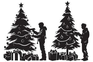 Silhouette man and gift under christmas tree pro design vector