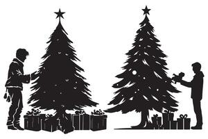 silhouette of a family decorating a Christmas tree with all elements as separate objects vector