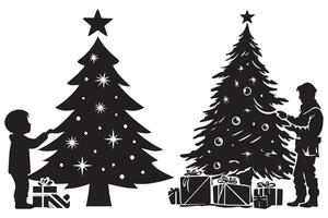 silhouette of a family decorating a Christmas tree with all elements as separate objects vector