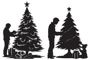 silhouette of a family decorating a Christmas tree with all elements as separate objects vector