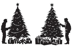 silueta hombre y regalo debajo Navidad árbol Pro diseño vector