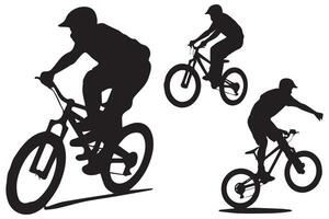 jumping bicyclist silhouettes in black on white background vector