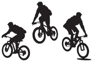 jumping bicyclist silhouettes in black on white background vector