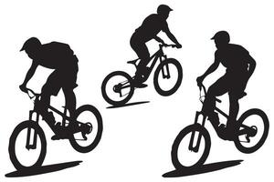 jumping bicyclist silhouettes in black on white background vector