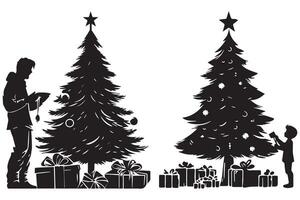 silhouette of a family decorating a Christmas tree with all elements as separate objects vector