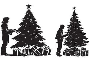 silhouette of a family decorating a Christmas tree with all elements as separate objects vector