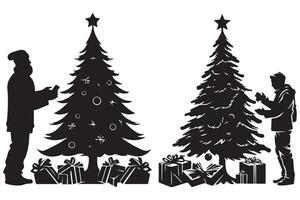 Silhouette man and gift under christmas tree pro design vector