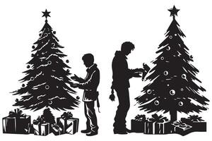 silhouette of a family decorating a Christmas tree with all elements as separate objects vector