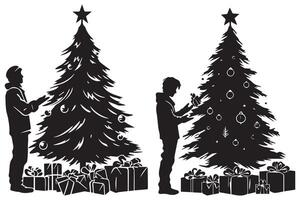 Silhouette man and gift under christmas tree pro design vector