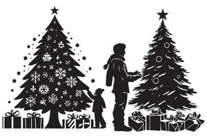 Silhouette man and gift under christmas tree pro design vector