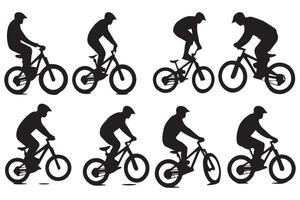 negro siluetas de ciclista jinete saltando en un blanco antecedentes vector