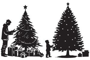set of Silhouette of a man under the Christmas tree and gift box vector