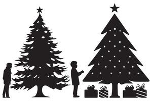 silhouette of a family decorating a Christmas tree with all elements as separate objects vector