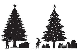 silhouette of a family decorating a Christmas tree with all elements as separate objects vector