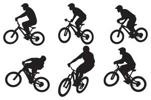 Black silhouettes of bicyclist rider jumping on a white background vector