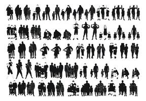 Adults and children, families, black silhouette and outline sketch of figures vector