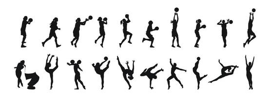 Set single silhouettes of womens sports. Basketball, calisthenics, gymnastics vector