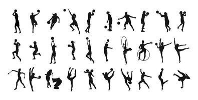 Set of sporty womens silhouettes. Basketball, calisthenics, gymnastics vector