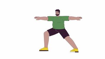 gros désossé africain américain homme permanent dans yoga asana ligne 2d personnage animation. activité plat Couleur dessin animé 4k , alpha canaliser. sportif Masculin avec obésité Animé la personne sur blanc Contexte video